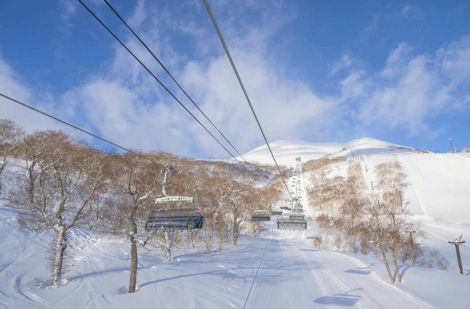 雪山を上るリフトと青空